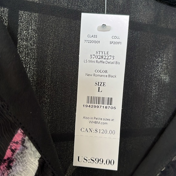 WHBM NWT Blouse Size L long sleeve black floral with tie at the neck. - Picture 3 of 13